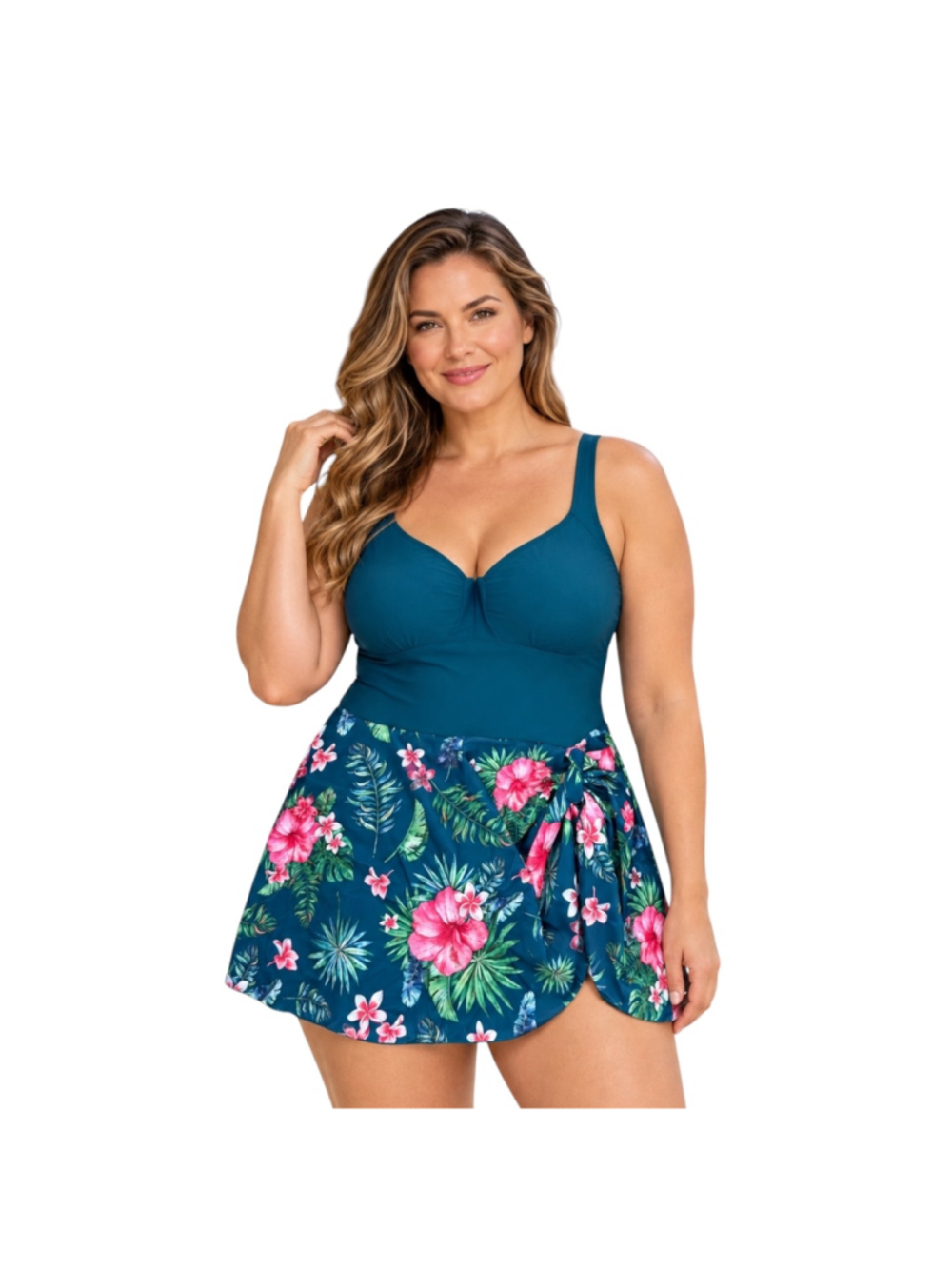 Eomenie Women’s L Teal Tropical Floral Skirted One-Piece Swimsuit NWT